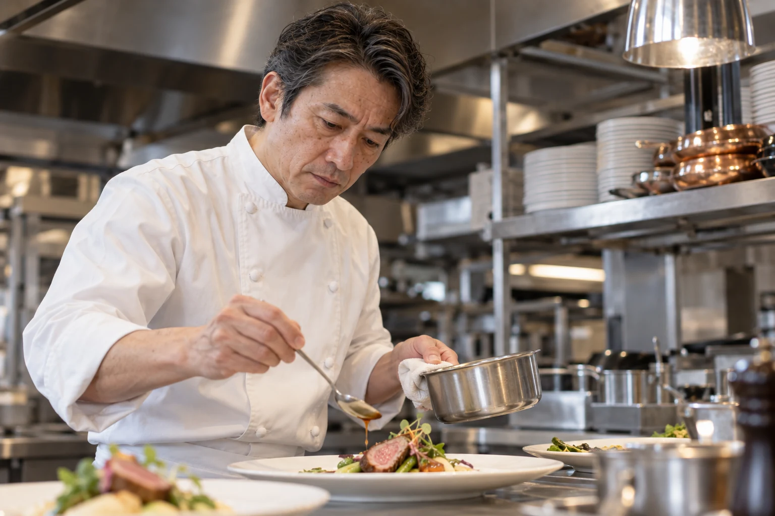 厨房で料理を仕上げる榊玻璃玲司
