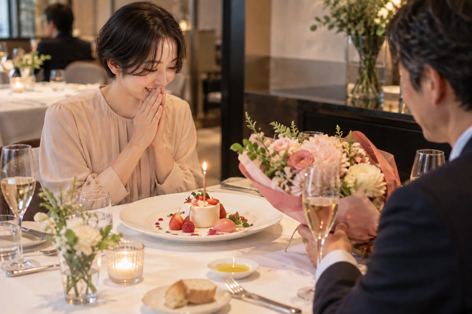 花束とデザートで記念日を祝う様子
