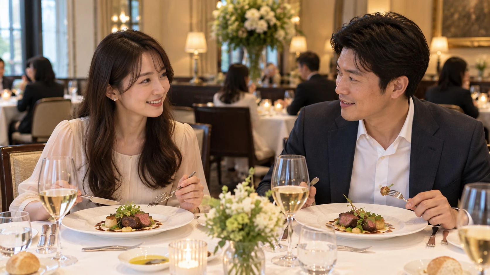 料理を囲み会話を楽しむ二人