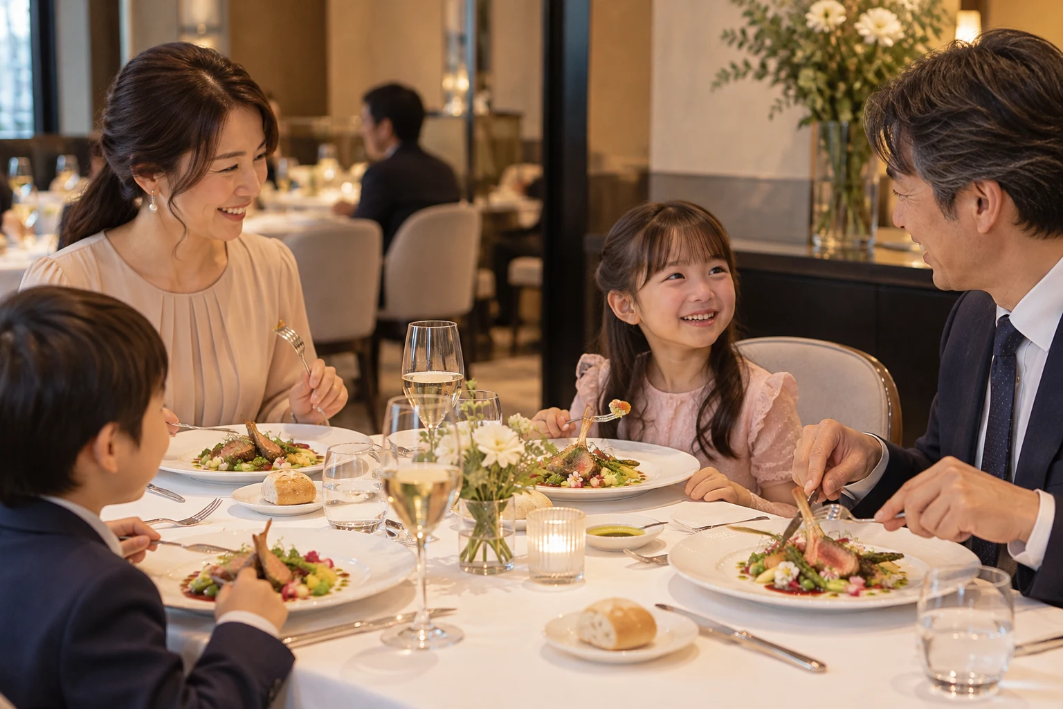 家族で料理を囲み会話を楽しむ様子